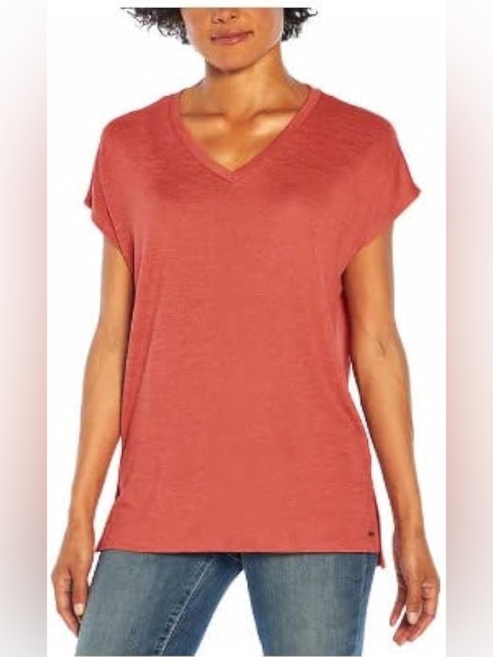 Orvis Brick Red Stretchy V Neck Tee